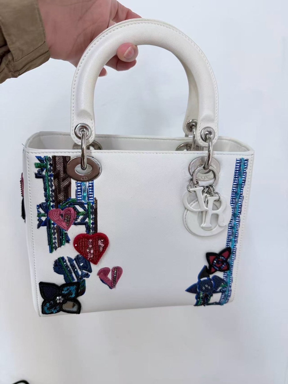 Dior White Mini Tote with Multicolor Embroidered Hearts